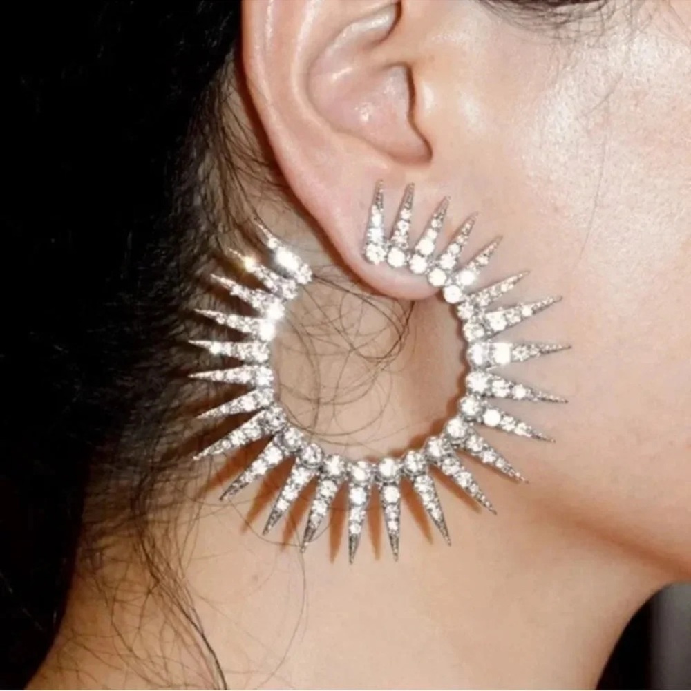 Anthropologie Silver Crystal Spike Hoop Earrings